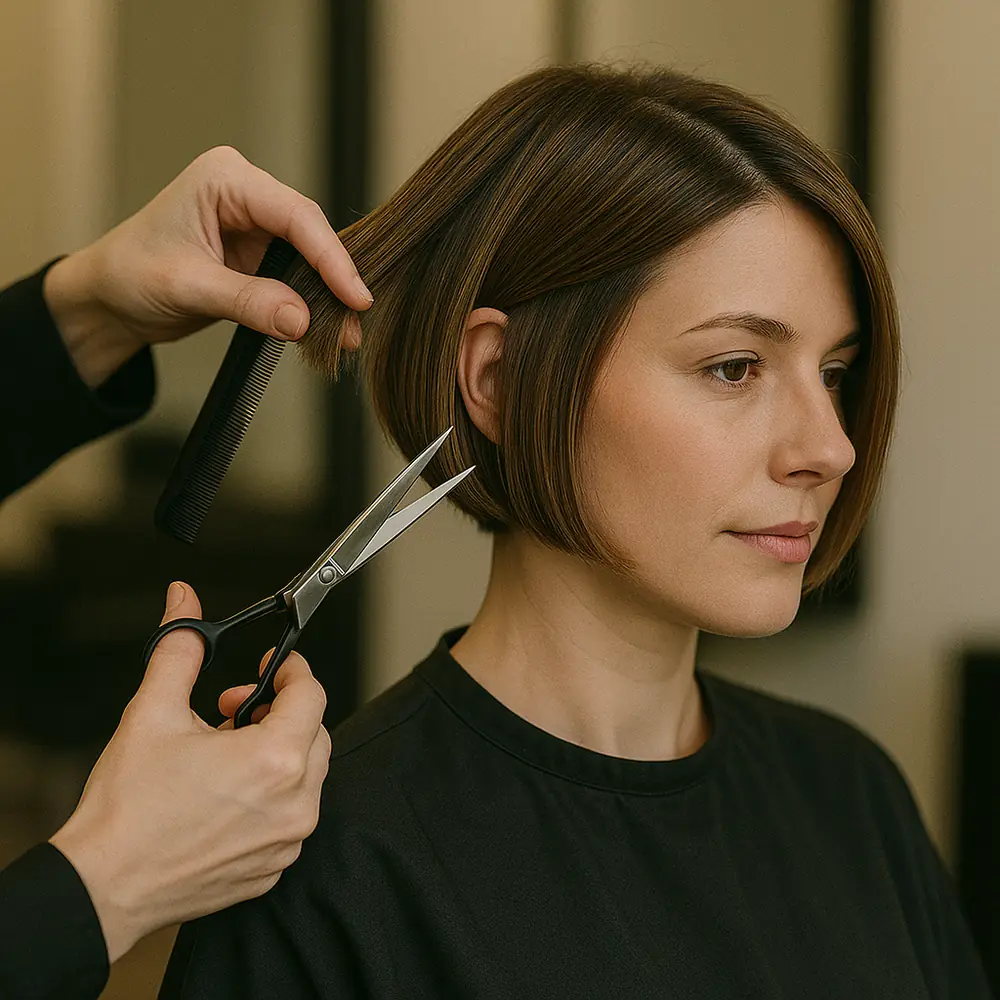 A stylist cutting a client's bob haircut at Prima Hair and Day Spa
